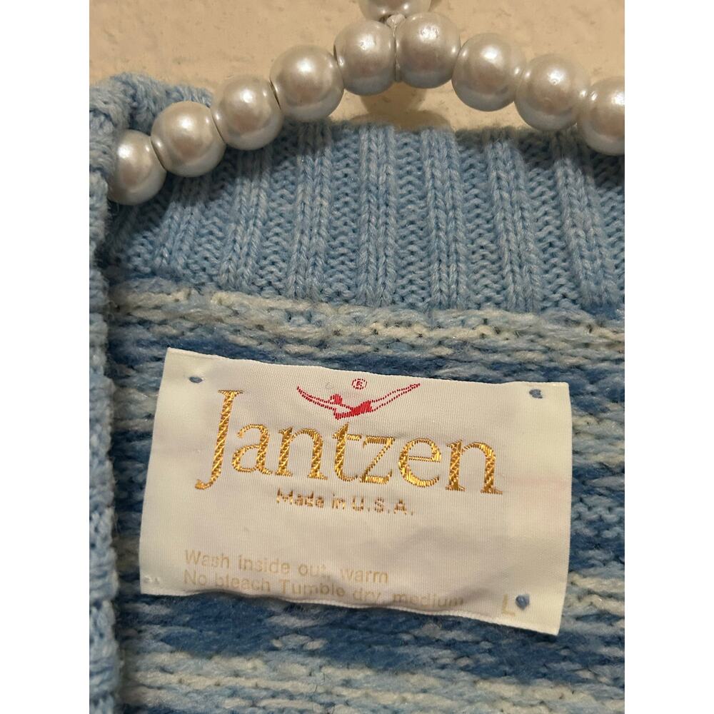 Vintage Blue Knit Sweater 1980's Jantzen Pullover Cable Knit - Picture 4 of 7